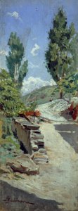 Road in hills av Adolfo Belimbau (1845-1938), olje på panel, 23x9 cm