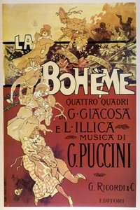 Plakat av La Bohème av Adolfo Hohenstein for premieren på Giacomo Puccinis opera på Teatro Regio di Torino, 01.02.1896.