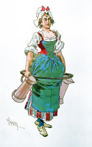 Kostymedesign for en tjenestejente fra Opera Manon Lescaut av Giacomo Puccini (1858-1924) (wc) av Adolfo Hohenstein