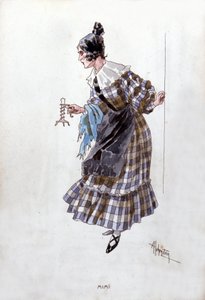 Kostyme av karakteren til Mimi for operaen "La Boheme"" av Giacomo Puccini (1858-1924). Akvarell av Adolfo Hohenstein.
