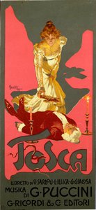 Plakat i Liberty-stil for operaen «La Tosca» av Giacomo Puccini (1858-1924) 1906 Dim. 30x13,5 cm Illustrasjon av Adolfo Hohenstein (1854-1928) Milan Private Collection