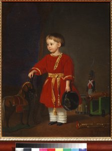 ""Portrett av en gutt i rød kjole med militære leker" Maleri av Adolf Jebens (1819-1888) 1849 Kunst- og pedagogisk leketøysmuseum, Sergiyev Posad av Adolph Gebens