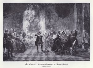 Fløytekonsert i Palace of Sanssouci, Potsdam, Preussen (gravering) av Adolph Friedrich Erdmann von (after) Menzel