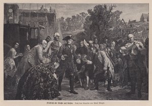 Fredrik den store, konge av Preussen, på reise (gravering) av Adolph Friedrich Erdmann von (after) Menzel