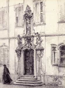 En mann som går ned trappen til en bygning dekorert med en barokkportal, 1884 av Adolph Menzel