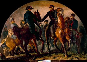 Møte med Gebhard Leberecht von Blucher (1742-1819) og Arthur Wellesley Wellington (1769-1852), i slaget ved La Belle Alliance (1815). Maleri av Adolf Menzel (1815-1905) Ec. Alle av Adolph Menzel