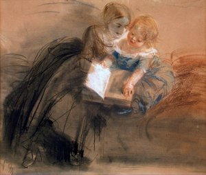 Ung kvinne med et barn, mellom 1844 og 1850. av Adolph Menzel