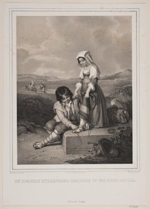En romersk gjetergutt binder en ung jentes sandal. av Johan Adolph Kittendorff