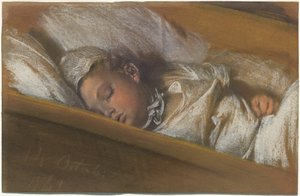 Et spedbarn som sover i sengen sin av Adolph Menzel