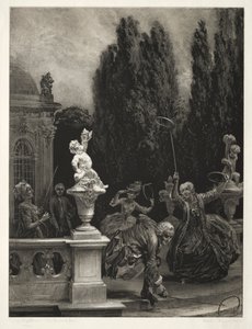 Essay om stein med børste og skraper: Spille ved bøyler på slottsterrassen, 1851. av Adolph Menzel