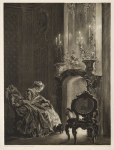 Essay om stein med pensel og skraper: kvinne som leser ved bålet, 1851. av Adolph Menzel