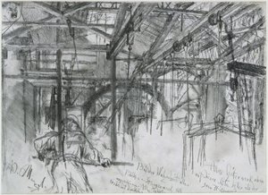 Hallen i valseverket i Königshütte. Studie om «Jernvalseverket. Moderne kykloper» av Adolph Menzel