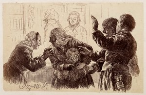 Marthe, med krukkefragmentene i armene, står mellom Veit og Ruprecht, mens Eve bønnfaller moren om å avstå fra å klage, etter Heinrich von Kleists «Den knuste krukken» av Adolph Menzel