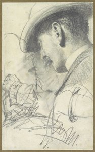 Skisseark med en herre med bart og hatt, sett på skrå bakfra, i tillegg til noen detaljer av Adolph Menzel