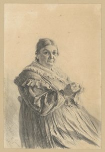 Sittende eldre kvinne med strikkstrømpe av Adolph Menzel