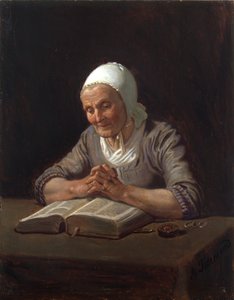 Gammel kvinne som leser (olje på panel) av Adolph Tidemand