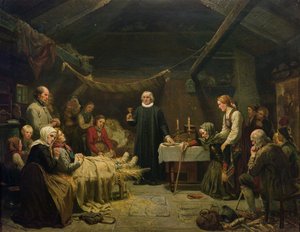Den syke bjørnejegeren. Det siste sakramentet av Adolph Tidemand