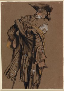 Kunstners modell, sett bakfra, iført en uniform fra det attende århundre av Adolph Menzel