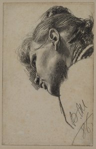 Hodet til en ung kvinne sett nedenfra av Adolph Menzel