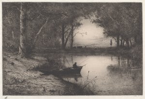 En fisker i en skogkledd dam om kvelden av Adolphe Appian