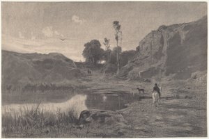 En rytter ved en fjelldam ved solnedgang av Adolphe Appian