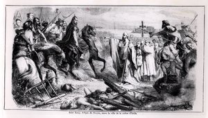 St. Loup forsvarer byen Troyes mot Huneren Attila (ca. 406-453) på sin hest, illustrasjon fra Frankrikes historie, 2. halvdel av 1800-tallet (bw-foto) av Adolphe Francois Pannemaker