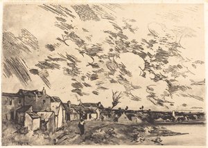 Landsby på kanten av en elv av Adolphe Hervier