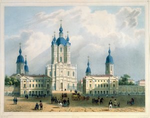 Smolny-klosteret i St. Petersburg, trykt av Edouard Jean-Marie Hostein (1804-89), utgitt av Lemercier, Paris, 1840-årene (fargelitografi)
