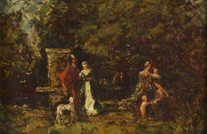 Elegant Figures in a Woodland Glade, ca. 1860-80 (olje på panel) av Adolphe Joseph Thomas Monticelli