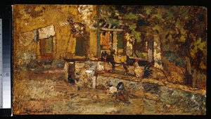 Gårdsplass med et esel og haner av Adolphe Joseph Thomas Monticelli