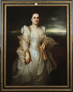 Portrett av en dame iført en hvit kjole brodert med perler av Adolphe Joseph Thomas Monticelli