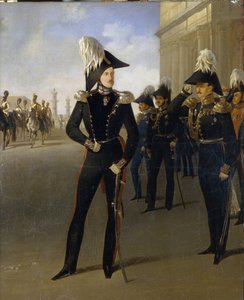 Keiser Nicholas I aksepterer den offisielle rapporten til prinsen Lobanov-Rostovsky (olje på lerret)