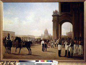 Militærparade på Palace Square i St. Petersburg (Parade på Palace Square i St Petersburg). Maleri av Adolphe Ladurner (1798-1856), olje på lerret
