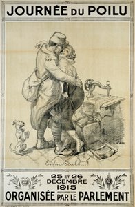 Første verdenskrig: plakat til hyllest til soldater som representerer gjenforeningen av et par til de håretes dag 25. og 26. desember av Adolphe Leon Willette