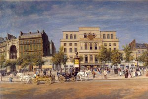 Generell visning av teatrene til boulevard du temple før piercingen av Boulevard Prince Eugene, detalj av de parisiske Caleches foran Imperial Theatre. Maleri av Adolphe Potemont (1828-1883)
