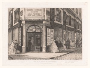 Utsikt over Cadart og Luquet-virksomheten med damer og herrer ved butikkvinduene Siège de la société des Aquafortistes (tittel på objekt) Eaux-Fortes Modernes: Originales et Inédites (serietittel)