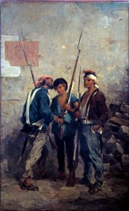Revolusjon av 1848: "" slagordet"""" Parisiske opprørere passerte ordet nær barrikadene på dagen 24/02/1848. Maleri av Adolphe Pierre Leleux (1812-1891) 1848 Søn. 0,93x0,58 m av Adolphe Pierre Leleux