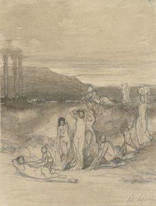 Klassisk landskap med liggende, stående og sittende nakenfigurer og en tempelruin av Adolphe René Lefèvre