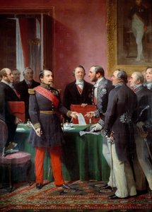 Keiser Napoleon III (1808-1873) overrakte til baron Georges Haussmann (1809-1891) dekretet om annektering av nabokommunene i juni 1859 av Adolphe Yvon