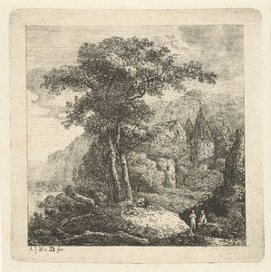 Fjelllandskap med trær, slott og to figurer av Adriaan Jacob Willem van Dielen