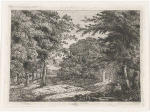 Landskap med kapell blant trær og munkelesing av Adriaan Jacob Willem van Dielen