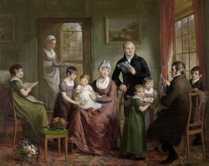 Portrett av familien til Adrianus Bonebakker med Dirk L. Bennewitz Portrett av familien til Adrianus Bonebakker og hans partner DL Bennewitz av Adriaan de Lelie (signed by artist)