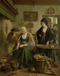 Kvinne baker pannekaker. Rundt 1790-1810