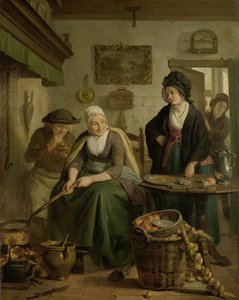 Kvinne baker pannekaker Gammel kvinne lager pannekaker