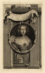Elisabeth Stuart, dronning av Böhmen, kurfyrst av Pfalz, kone til Frederick V, vinterkongen. Elisabeth, Reine de Boheme. I kjole med ganske oppskårne ermer, blondekrage med perler. Vignett av kvinne som grubler over en falt krone. Kobberstikk