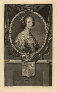 Henrietta Maria av Frankrike, kone til kong Charles I av England. Henriette Marie de France. I kjole med blondekrage, perlekjede. Med krone og våpenskjold. Kobberstikk av Charles Simonneau etter Adriaen van der Werff fra Isaac de Larreys H