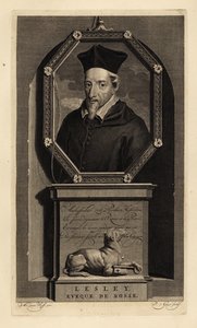 John Lesley, skotsk historiker og biskop av Ross. Biskop av Rosse. Hund med nøkkel. Kobberstikk av Pieter Stevens van Gunst etter Adriaen van der Werff fra Isaac de Larreys Histoire d'Angleterre, d'Ecosse et d'Irlande, Amsterdam