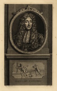 Kong James II av England, James VII av Skottland, Jacques II Roy d'Angleterre. I parykk, blondetørkle, kjede med figur av St. George og dragen. Vignette viser en romersk keiser som mister kronen til en soldat. Kobberstikk av Jean Audran etter Ad