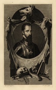 Portrett av Ferdinand Alvarez de Toledo y Pimentel, 3. hertug av Alba, eller jernhertugen. I rustning med kjede av ordenen til det gylne skinn. Med ulveskinn, menneskehodeskaller, sverd, dolk og flintlåspistol. Ferdinand de Tolede, Duc d'Albe. Kobber