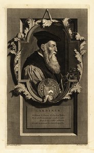 Portrett av Stephen Gardiner, biskop av Winchester og politiker. Med våpenskjold. Kobberstikk av Pieter Stevens van Gunst etter Adriaen van der Werff fra Isaac de Larreys Histoire d'Angleterre, d'Ecosse et d'Irlande, Reinier Leers, Rotterdam